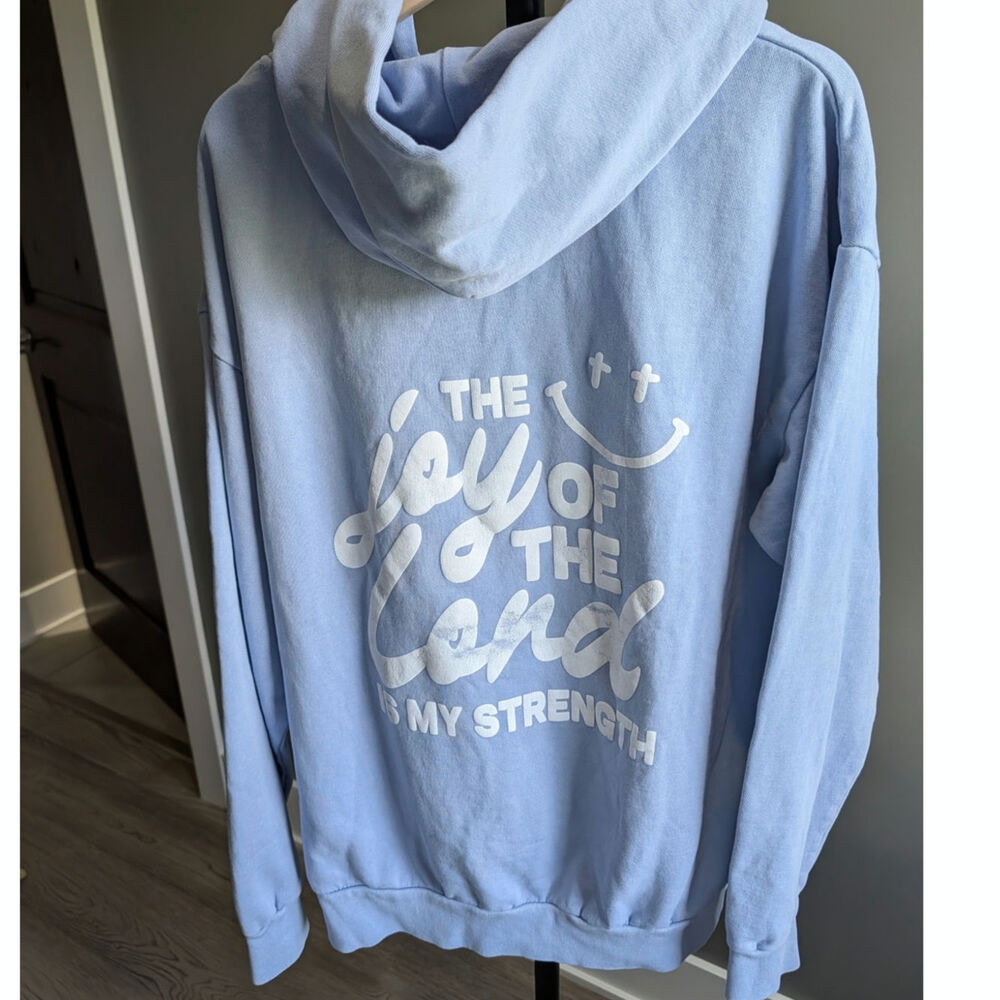 Oversized Blue Hoodie Sweatshirt "THE joy OF THE Lord IS MY STRENGTH" Size XL